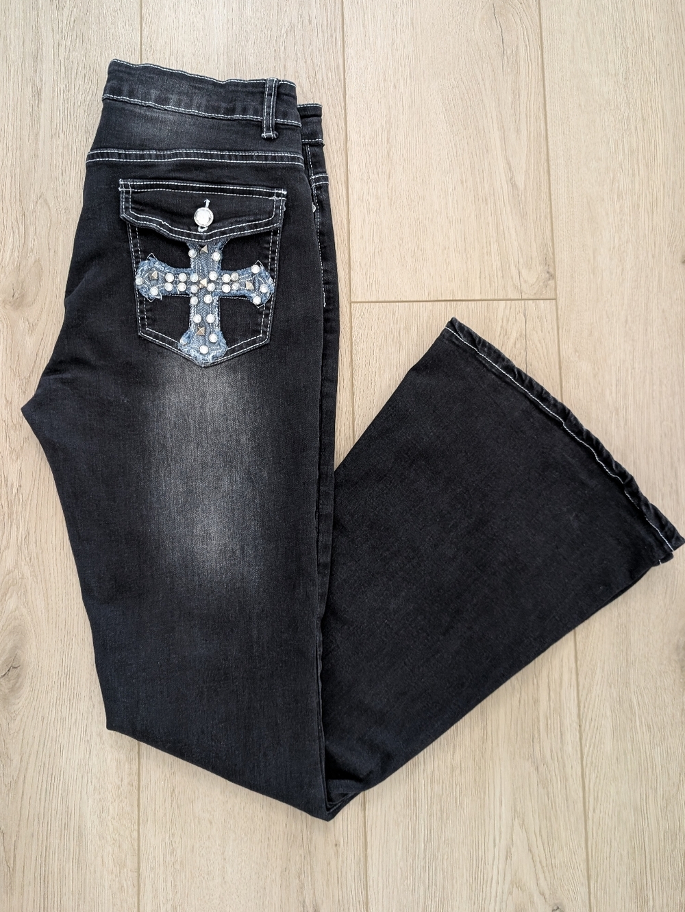 Bamboo Black Washed Jeans With Embellished Cross Back-Pockets | Wide Flare